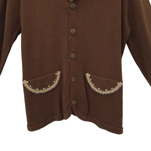 Sweater Sweater Embroidered Beaded Cowl Neck Cardigan Womens Size XL Brown NEW